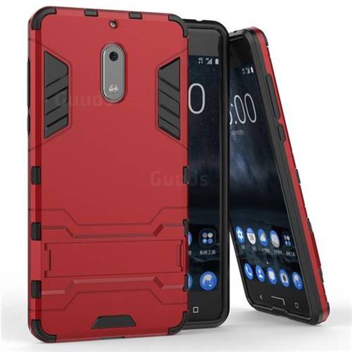 Armor Premium Tactical Grip Kickstand Shockproof Dual Layer Rugged Hard Cover for Nokia 6 Nokia6 - Wine Red