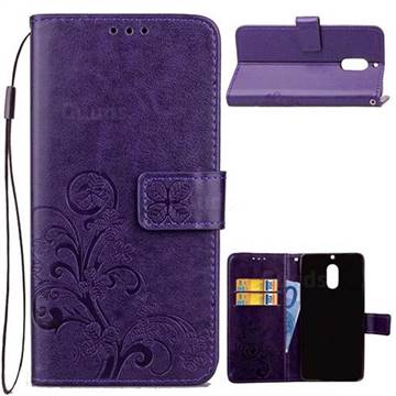 Embossing Imprint Four-Leaf Clover Leather Wallet Case for Nokia 6 Nokia6 - Purple