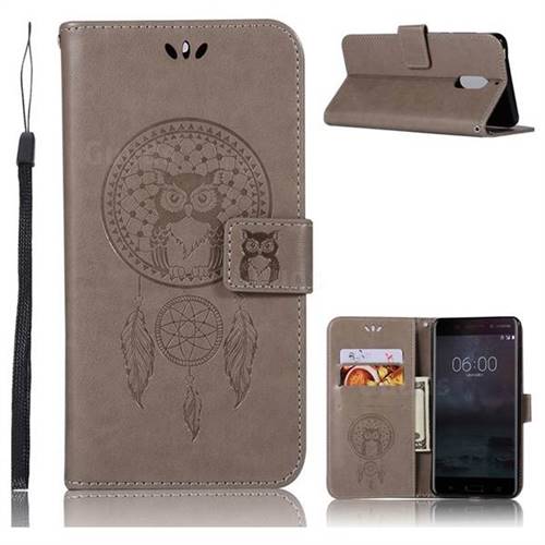 Intricate Embossing Owl Campanula Leather Wallet Case for Nokia 6 Nokia6 - Grey