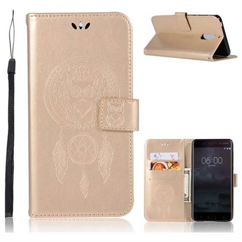 Intricate Embossing Owl Campanula Leather Wallet Case for Nokia 6 Nokia6 - Champagne