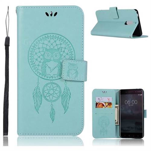 Intricate Embossing Owl Campanula Leather Wallet Case for Nokia 6 Nokia6 - Green