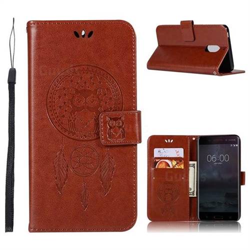 Intricate Embossing Owl Campanula Leather Wallet Case for Nokia 6 Nokia6 - Brown