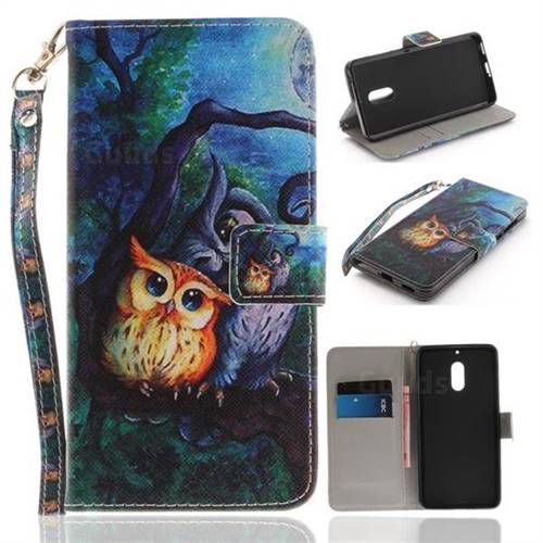 Oil Painting Owl Hand Strap Leather Wallet Case for Nokia 6 Nokia6