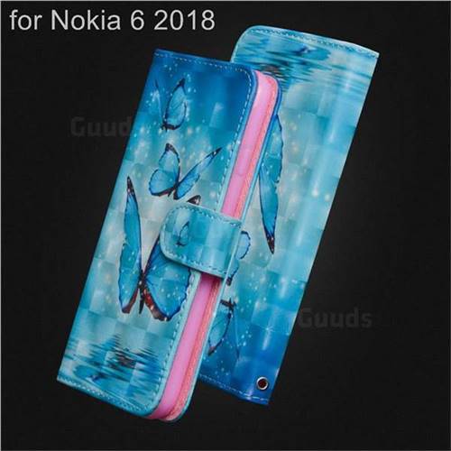 Blue Sea Butterflies 3D Painted Leather Wallet Case for Nokia 6 (2018)