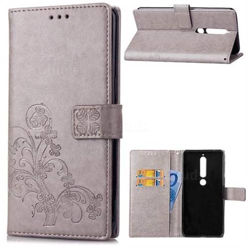 Embossing Imprint Four-Leaf Clover Leather Wallet Case for Nokia 6 (2018) - Grey