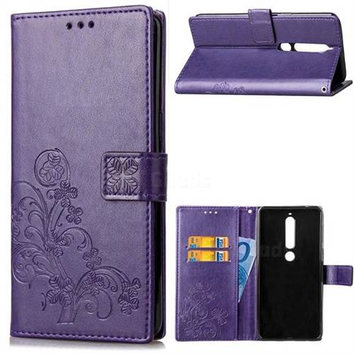 Embossing Imprint Four-Leaf Clover Leather Wallet Case for Nokia 6 (2018) - Purple