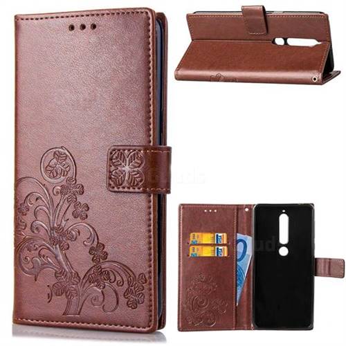 Embossing Imprint Four-Leaf Clover Leather Wallet Case for Nokia 6 (2018) - Brown
