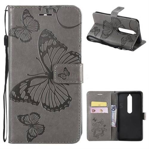 Embossing 3D Butterfly Leather Wallet Case for Nokia 6 (2018) - Gray