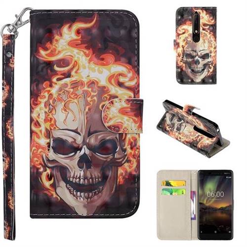 Flame Skull 3D Painted Leather Phone Wallet Case Cover for Nokia 6 (2018)