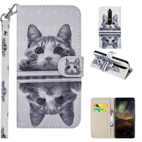 Mirror Cat 3D Painted Leather Phone Wallet Case Cover for Nokia 6 (2018)