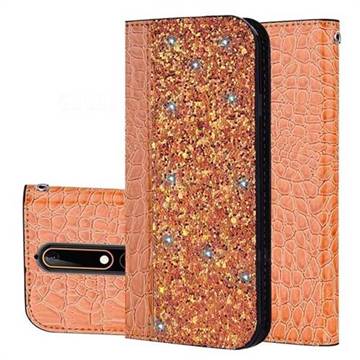 Shiny Crocodile Pattern Stitching Magnetic Closure Flip Holster Shockproof Phone Cases for Nokia 6.1 - Gold Orange