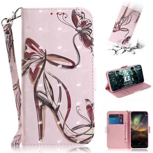 Butterfly High Heels 3D Painted Leather Wallet Phone Case for Nokia 6.1