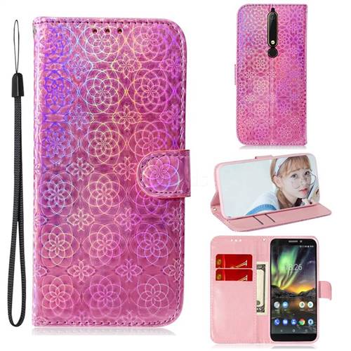 Laser Circle Shining Leather Wallet Phone Case for Nokia 6.1 - Pink