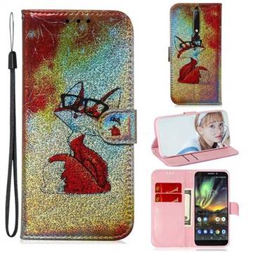 Glasses Fox Laser Shining Leather Wallet Phone Case for Nokia 6.1