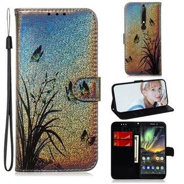 Butterfly Orchid Laser Shining Leather Wallet Phone Case for Nokia 6.1