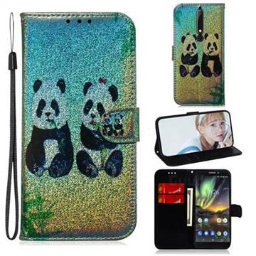 Two Pandas Laser Shining Leather Wallet Phone Case for Nokia 6.1