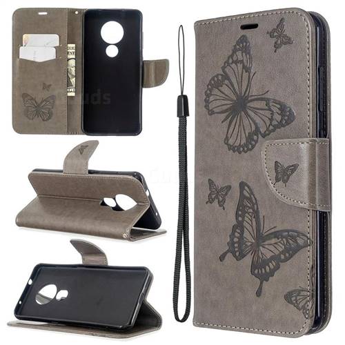 Embossing Double Butterfly Leather Wallet Case for Nokia 6.2 (6.3 inch) - Gray