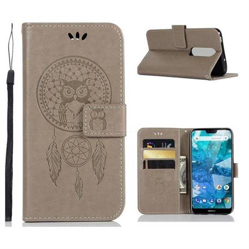 Intricate Embossing Owl Campanula Leather Wallet Case for Nokia 7.1 - Grey