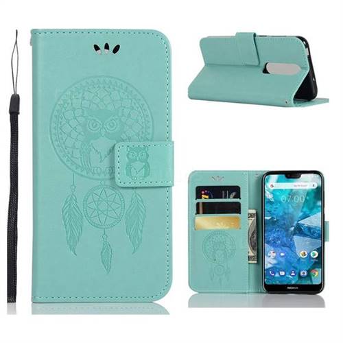Intricate Embossing Owl Campanula Leather Wallet Case for Nokia 7.1 - Green