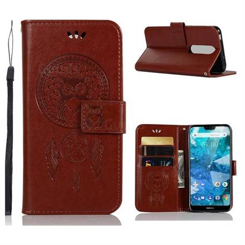 Intricate Embossing Owl Campanula Leather Wallet Case for Nokia 7.1 - Brown
