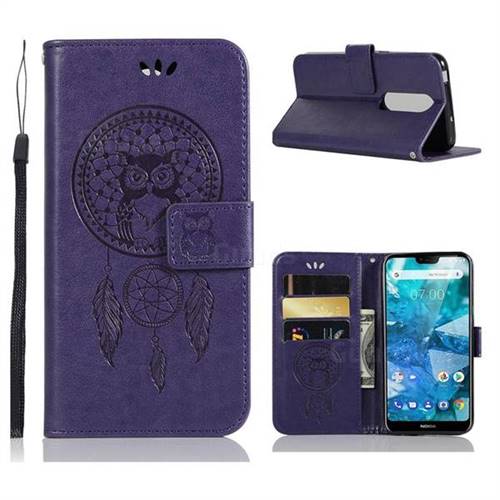 Intricate Embossing Owl Campanula Leather Wallet Case for Nokia 7.1 - Purple