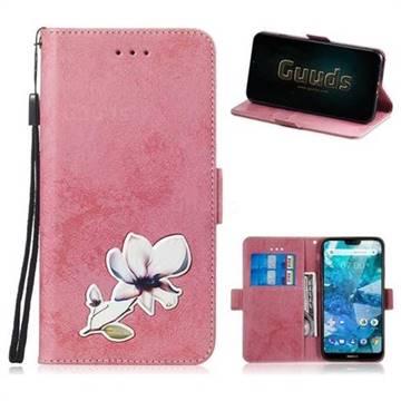 Retro Leather Phone Wallet Case with Aluminum Alloy Patch for Nokia 7.1 - Pink