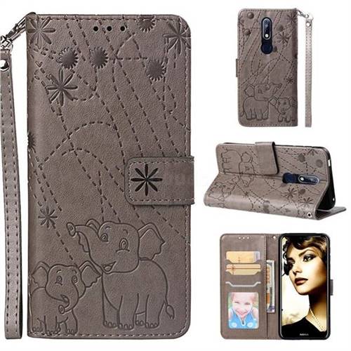 Embossing Fireworks Elephant Leather Wallet Case for Nokia 7.1 - Gray