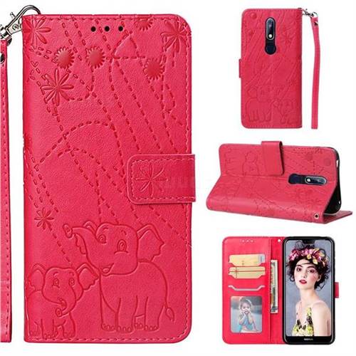 Embossing Fireworks Elephant Leather Wallet Case for Nokia 7.1 - Red