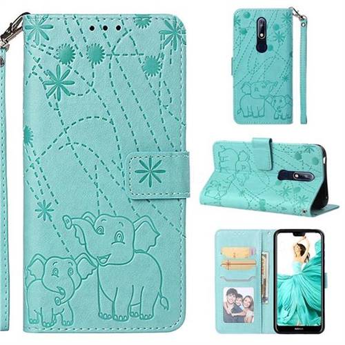 Embossing Fireworks Elephant Leather Wallet Case for Nokia 7.1 - Green