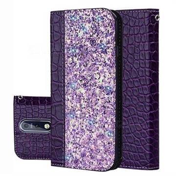 Shiny Crocodile Pattern Stitching Magnetic Closure Flip Holster Shockproof Phone Case for Nokia 7.1 - Purple