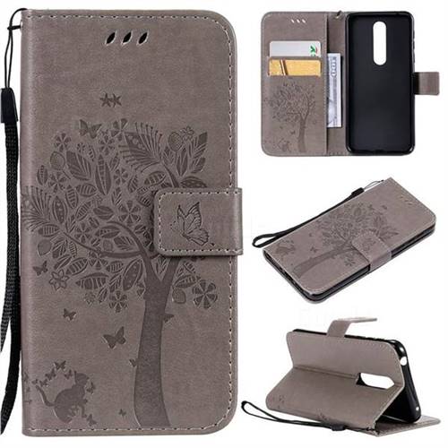 Embossing Butterfly Tree Leather Wallet Case for Nokia 7.1 - Grey