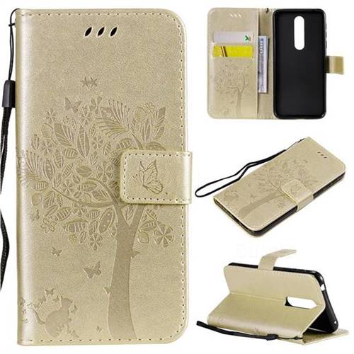 Embossing Butterfly Tree Leather Wallet Case for Nokia 7.1 - Champagne