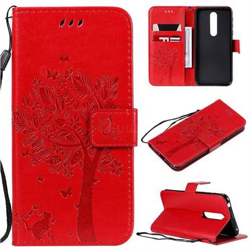 Embossing Butterfly Tree Leather Wallet Case for Nokia 7.1 - Red
