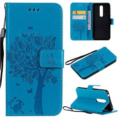 Embossing Butterfly Tree Leather Wallet Case for Nokia 7.1 - Blue