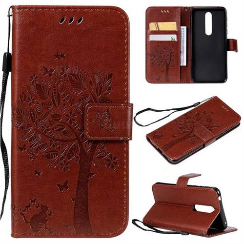 Embossing Butterfly Tree Leather Wallet Case for Nokia 7.1 - Coffee