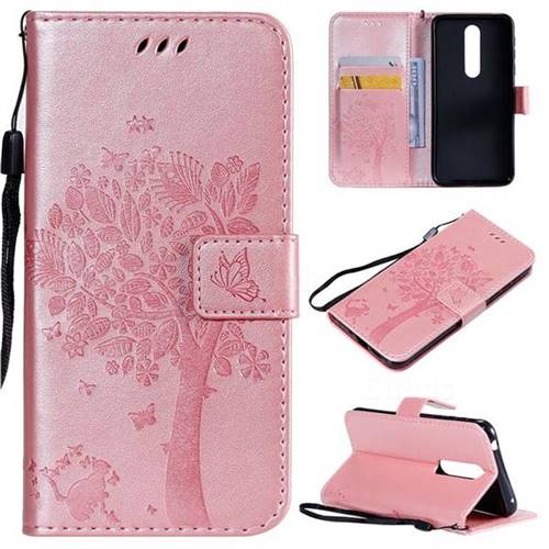 Embossing Butterfly Tree Leather Wallet Case for Nokia 7.1 - Rose Pink