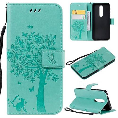 Embossing Butterfly Tree Leather Wallet Case for Nokia 7.1 - Cyan