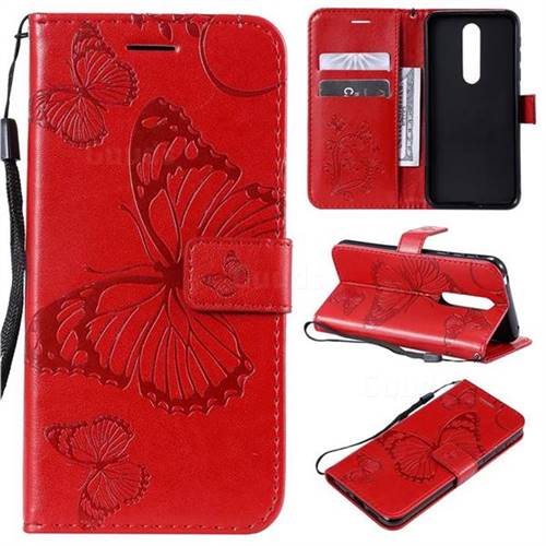 Embossing 3D Butterfly Leather Wallet Case for Nokia 7.1 - Red