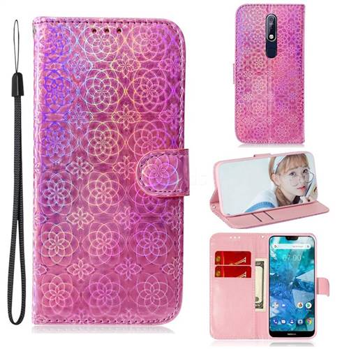 Laser Circle Shining Leather Wallet Phone Case for Nokia 7.1 - Pink