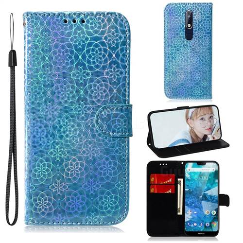 Laser Circle Shining Leather Wallet Phone Case for Nokia 7.1 - Blue