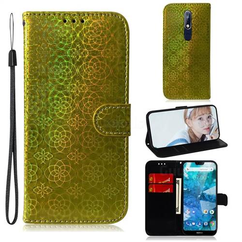 Laser Circle Shining Leather Wallet Phone Case for Nokia 7.1 - Golden