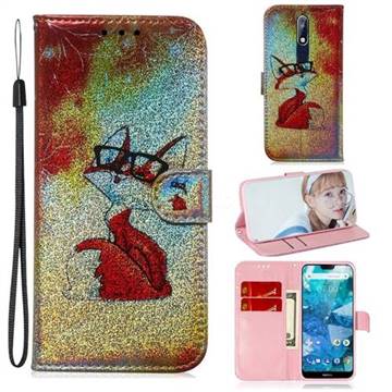 Glasses Fox Laser Shining Leather Wallet Phone Case for Nokia 7.1