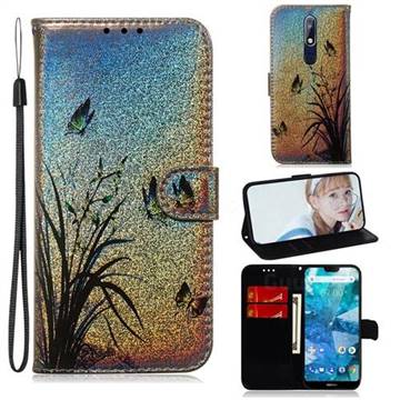 Butterfly Orchid Laser Shining Leather Wallet Phone Case for Nokia 7.1
