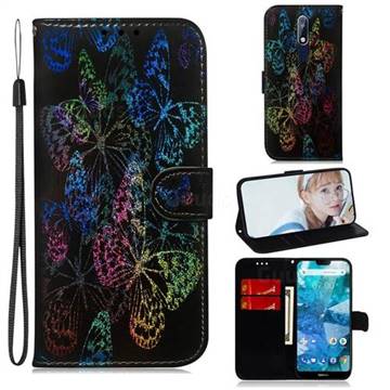 Black Butterfly Laser Shining Leather Wallet Phone Case for Nokia 7.1