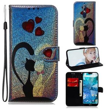 Love Cat Laser Shining Leather Wallet Phone Case for Nokia 7.1