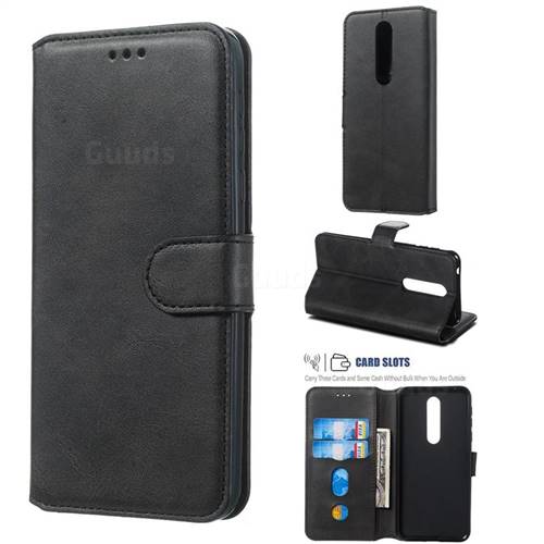 Retro Calf Matte Leather Wallet Phone Case for Nokia 7.1 - Black