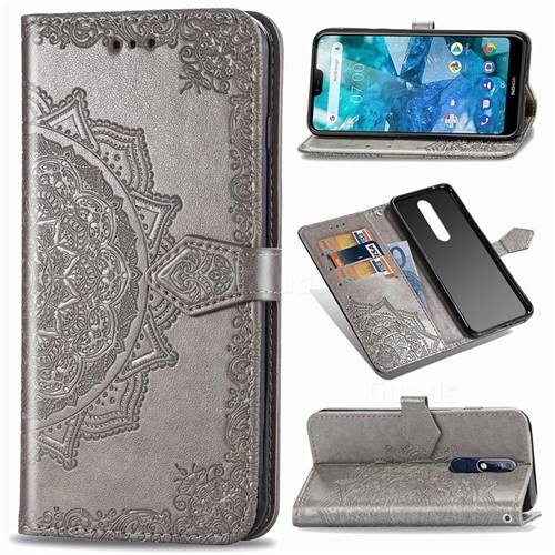 Embossing Imprint Mandala Flower Leather Wallet Case for Nokia 7.1 - Gray