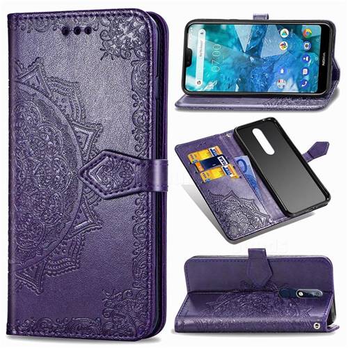 Embossing Imprint Mandala Flower Leather Wallet Case for Nokia 7.1 - Purple