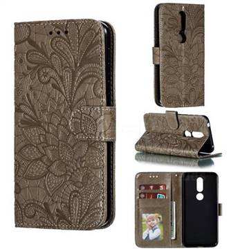 Intricate Embossing Lace Jasmine Flower Leather Wallet Case for Nokia 7.1 - Gray