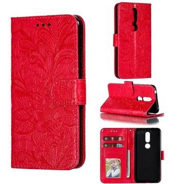 Intricate Embossing Lace Jasmine Flower Leather Wallet Case for Nokia 7.1 - Red